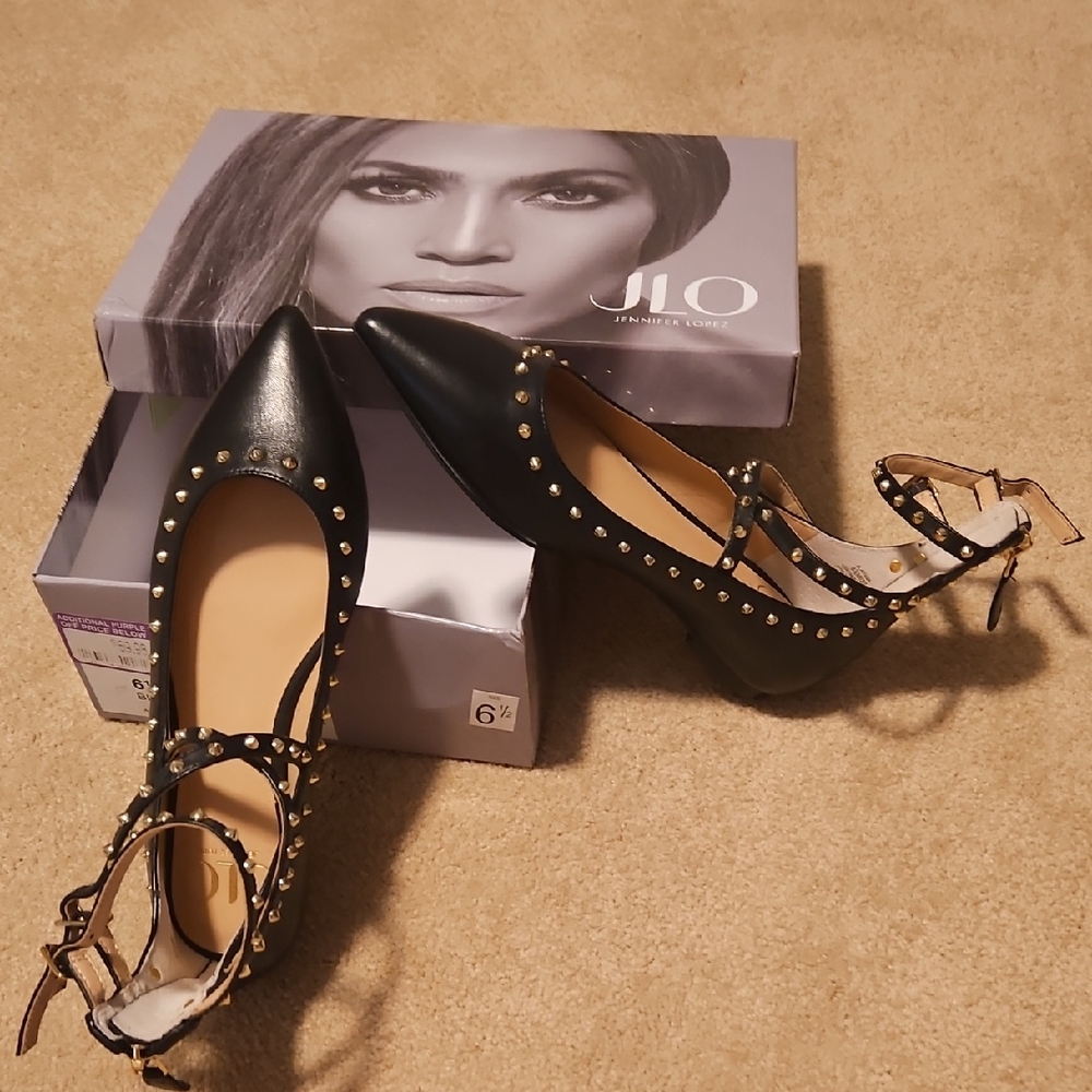 Jennifer Lopez Black Studded Flats